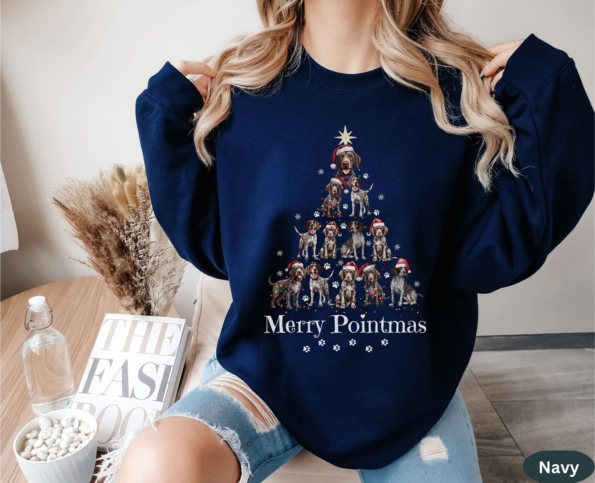 Sweat-shirt Noël Pour Chien Braque Allemand - Motifs Chiens Et Lumières De Fêtes