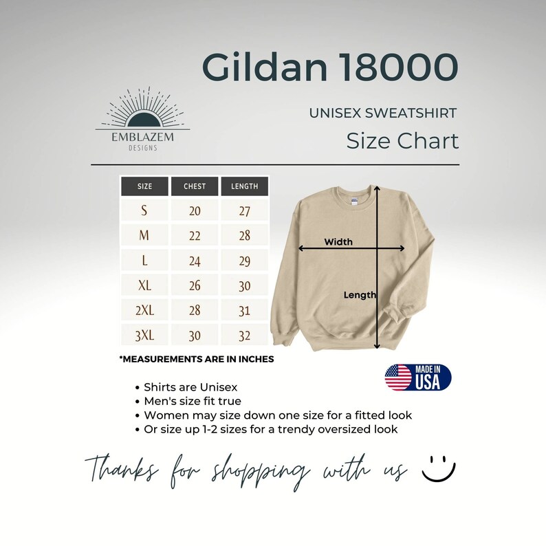 Puede incluir: Tabla de tallas para sudadera unisex Gildan 18000 con medidas en pulgadas para las tallas S a 3XL. La tabla muestra las medidas de pecho y longitud para cada talla. La imagen tambi&eacute;n incluye una sudadera beige con las palabras "Ancho" y "Largo" etiquetadas en ella.