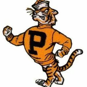 May include: Embroidered patch featuring a tiger mascot wearing an orange sweater with a large black "P" on the chest. The tiger is also wearing a white and orange hat. The tiger has a striped tail and is in a running pose.