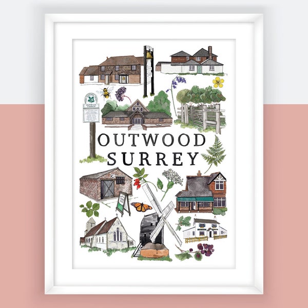 Surrey Art | Surrey Map | Outwood | Surrey Village | Art Print | A4 Prints