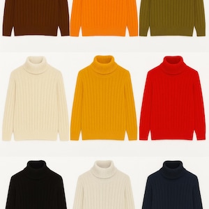 May include: Nine turtleneck jumpers in a variety of colours, including brown, orange, and green. The jumpers have a ribbed texture and a classic design. The image showcases a range of hues, from cream to black, offering a diverse selection for any wardrobe.
