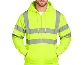 May include: A fluorescent yellow zip-up hoodie with grey reflective stripes. The hoodie has a hood, front pockets, and a white hard hat. The person is wearing blue jeans.