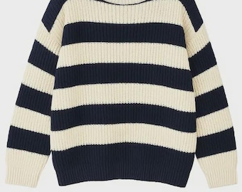 Women’s Striped Sweater Ribbed Knit Pullover Oversize Cozy Winter Knitwear Jumper Top