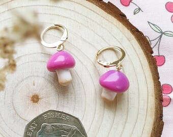 Mini Pink Waxcap Mushie Earrings | Waxcap Mushroom Gold Hoops | Goblincore Jewellery |LARPing Jewelry |Fairy Aesthetic