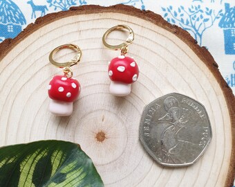 Fly Agaric Mushie gold hoop earrings | Enchanted Woodland Jewelry | Nature-inspired LARPing Accessories | Fairy Aesthetic Mushroom Earrings