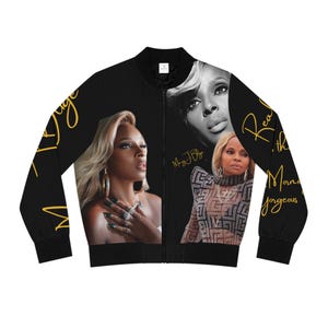 May include: Black bomber jacket featuring multiple images of a woman with blonde hair. The jacket has gold script on the sleeves and the text "Mrs. J Blige". The jacket is a stylish piece of apparel.