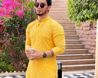 Haldi facción kurta Color amarillo Trabajo de espejo Conjunto de pijama Kurta listo para usar, conjunto de pijama kurta de evento americano, conjunto de pijama kurta de boda india