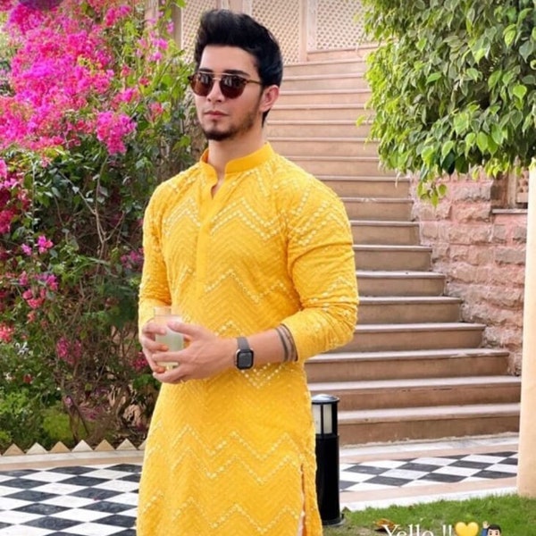 Haldi faction kurta Yellow colour Mirror work Readymade Kurta Pajama set, American event  kurta pajama set, indian wedding kurta pajama set