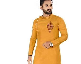 broderie pour hommes en pur coton kurta pyjama, tenue homme kurta, kurta unique, tenue de soirée kurta, kurta indienne, couleur jaune coton kurta