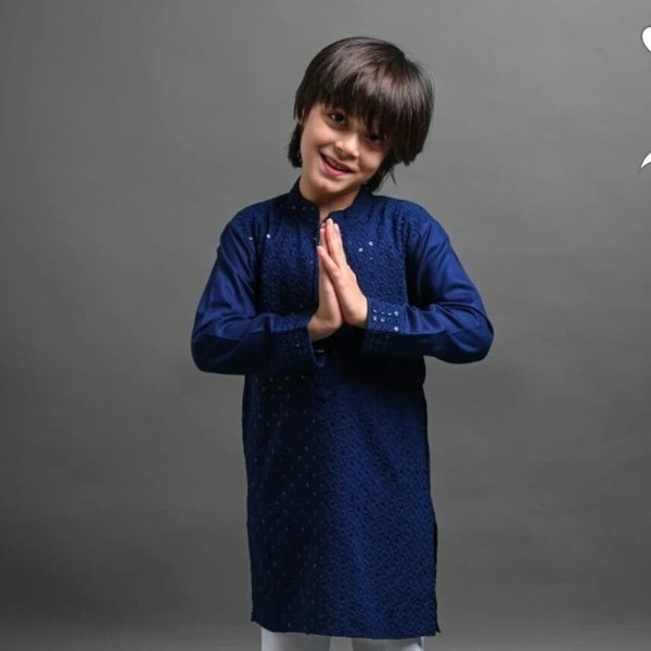Blue Kids sequence work Kurta pajama, Reyon Kids Kurta, Traditional Dresses for Boys Kurta, Navratri Kurta, Diwali Kurta Collection