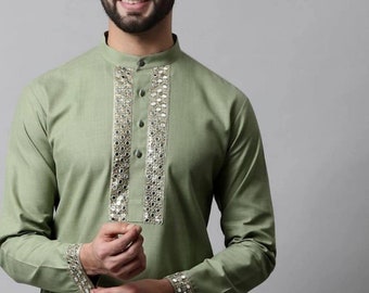 Men kurta, indian kurta Men, Mirror work kurta, 100%Cotton kurta, Handmade kurta Wedding kurta, green color kurta, good and best quality