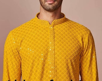 Kurta pour hommes, Kurta fait à la main, Tenue pour hommes Kurta, Kurta unique, Kurta Party Wear, Solid 100% Silk Yellow Color Kurta Mirror Work Sequence Kurta