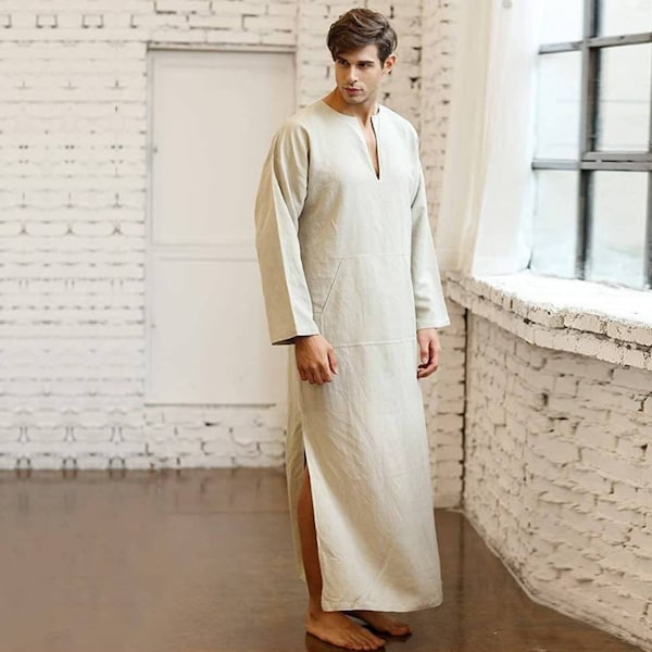 Caftan en lin pour homme SPA MAN blanc cool,tunique ample pour homme en lin pur et doux de bonne qualité