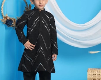 Black Kids sequence work Kurta, Reyon Kids Kurta, Traditional Dresses for Boys Kurta, Navratri Kurta, Diwali Kurta Collection