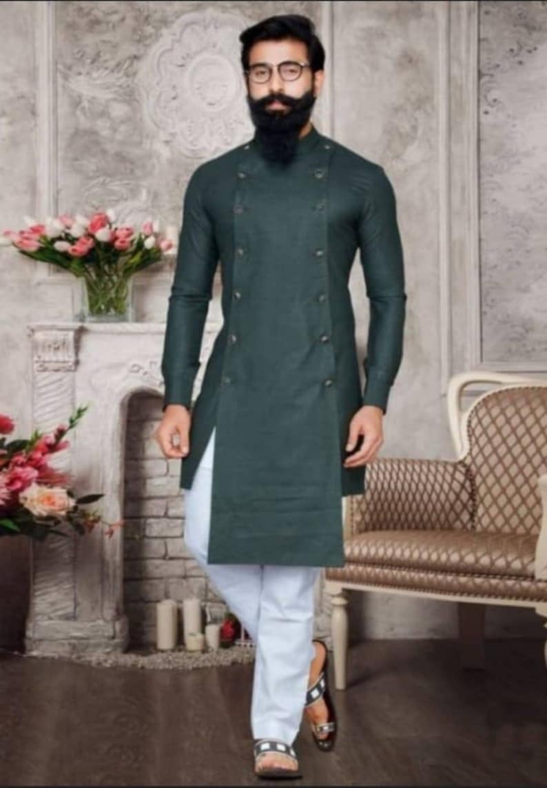 Mens Indian Cotton Kurta Green Colour Kurta Kurta for Men Etsy