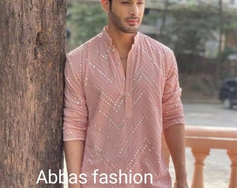 Men kurta, indian kurta Men, Mirror work kurta, 100%Cotton kurta, Handmade kurta Wedding kurta, pink color kurta, good and best quality