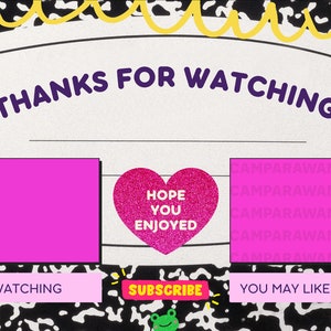 May include: A pink and white end screen with the text "THANKS FOR WATCHING" in a black and purple font. The screen also includes a pink heart with the text "HOPE YOU ENJOYED" in a white font, a pink rectangle with the text "KEEP WATCHING" in a white font, a pink rectangle with the text "SUBSCRIBE" in a white font, and a pink rectangle with the text "YOU MAY LIKE THIS VIDEO" in a white font.