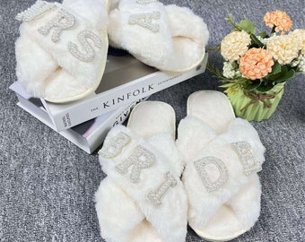 Bride Gift Pearls Slippers Rhinestone Fluffy Slippers Bachelorette Hen Fluffy Slippers Personalized gift Bridal Slipper Bridesmaid Gifts