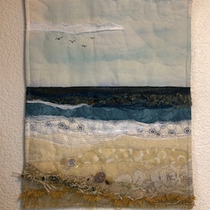Coastal Textile Art, Fabric Quilted Wall Hanging, Ocean View
