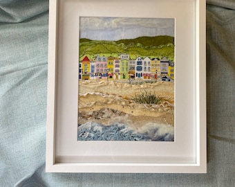 Coastal Textile Art, Framed Seascape, Ocean Collage and Appliqué