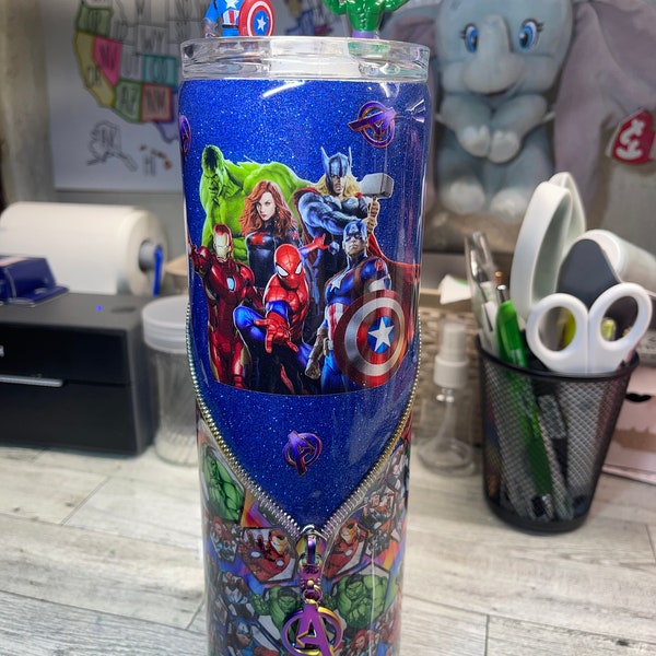 READY TO SHIP 30oz Avengers Inspired Super Hero Marvel glitter tumbler - zipper tumbler