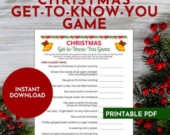 Puede incluir: Juego de mesa imprimible "Get-to-Know-You" de Navidad con un diseño festivo rojo y verde. El juego presenta preguntas sobre las tradiciones navideñas, como pasar la Navidad en otro país, conocer todos los nombres de los renos y cantar villancicos.