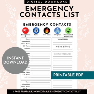 Emergency Contacts List Editable Printable PDF