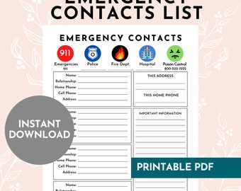 Emergency Contacts List Editable Printable PDF