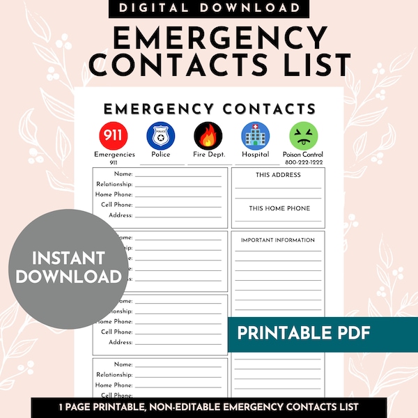 Emergency Contacts List Editable Printable PDF