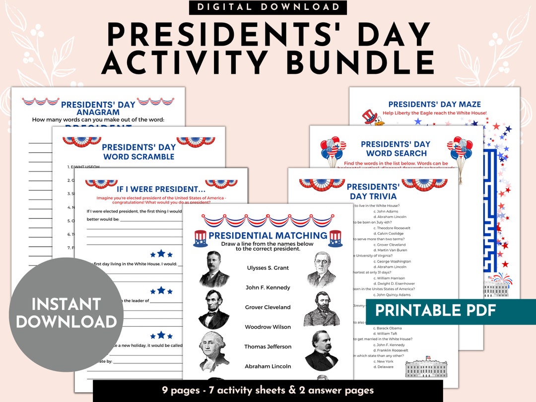 Presidents' Day Activity Bundle  Printable Games Puzzles