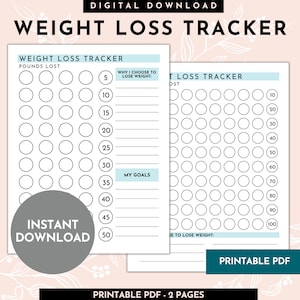 Può includere: Un tracker di perdita di peso stampabile con due pagine. La prima pagina ha un grafico per tenere traccia delle libbre perse e una sezione per scrivere i motivi della perdita di peso e gli obiettivi. La seconda pagina ha un grafico per tenere traccia della perdita di peso in libbre.