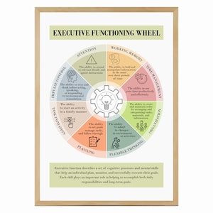 Puede incluir: Un gráfico circular de colores con el título "Rueda de Funcionamiento Ejecutivo" y descripciones de diferentes funciones ejecutivas, como la atención, la memoria de trabajo, el control de los impulsos, la iniciación de tareas, la planificación, la gestión del tiempo, la organización y el pensamiento flexible.