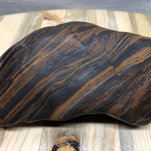 May include: A smooth, dark brown and gold striped stone with a unique, organic shape.