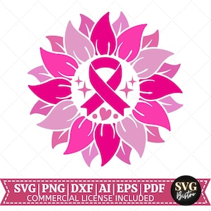 Krebsbewusstsein Sonnenblume SVG | Krebsbewusstsein SVG | Rosa Sonnenblumen svg | Brustkrebs svg | Krebs | Pinkes Band svg |  Cricut Schnittdatei