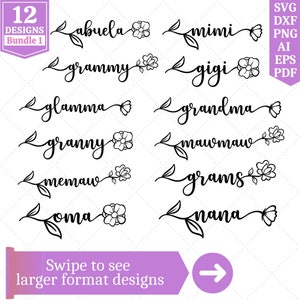 Paquete SVG de abuela / Paquete SVG de abuela / Abuela floral / Abuela con tallo de flor SVG / Gigi SVG / Mimi SVG / Archivos de corte Cricut