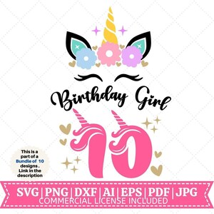 Unicorn tiende verjaardag shirt SVG | Gelukkige verjaardag-SVG | Eenhoorn verjaardag SVG | Klein meisje shirt SVG | Eenhoorn shirt | Bestanden knippen voor Cricut