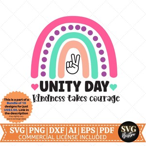 Puede incluir: Un arcoíris con un signo de paz en el centro y el texto "UNITY DAY" y "Kindness takes courage".