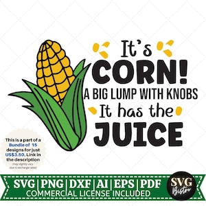 Può includere: Un'illustrazione digitale di una pannocchia di mais con foglie verdi. Il testo dice "It's Corn! A big lump with knobs. It has the juice."