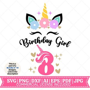 Unicorn achtste verjaardag shirt SVG | Gelukkige verjaardag-SVG | Eenhoorn verjaardag SVG | Klein meisje shirt SVG | Eenhoorn shirt | Bestanden knippen voor Cricut