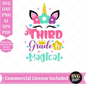 Derde leerjaar SVG | Eenhoorn SVG | Terug naar school-SVG | Schoolshirt SVG | Magisch | Kind shirt SVG | Cricut SVG-bestand knippen | Sublimatie bestanden