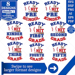 Back to School SVG Bundle | Baseball SVG | School Grade SVG | Baseball Shirt Designs | First Day of School | Cut Files Cricut, Sublimation