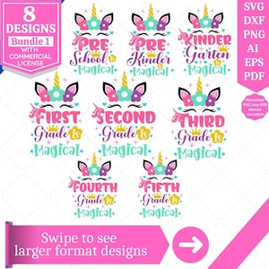 Pacote SVG de Volta às Aulas | SVG de Unicórnio | SVG de Nível Escolar | Designs de Camisetas de Unicórnio | Primeiro Dia de Aula | Arquivos Cricut, Sublimação