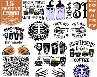 May include: A set of 15 Halloween-themed digital designs featuring various images, including skeletons, ghosts, pumpkins, coffee cups, and text phrases like "Hocus Pocus I need coffee to focus" and "Dead inside but caffeinated".