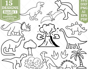 May include: A set of 15 black and white dinosaur illustrations, including a T-Rex, a stegosaurus, a brachiosaurus, a pterodactyl, a volcano, a palm tree, a dinosaur egg, and footprints. The illustrations are ideal for use in crafting, scrapbooking, or digital design.