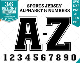 Paquete de alfabetos y números de camiseta deportiva / Alfabeto deportivo SVG / Número de jersey SVG / Letras svg / Archivos de corte de cricut / Archivos de sublimación