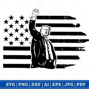 May include: Black and white silhouette of a person raising their fist in the air in front of a distressed American flag.