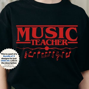 May include: Red and black graphic design for a t-shirt that says "Music Teacher" with musical notes and an apple. This design is part of a bundle of 5 designs for $3.50.  SVG, PNG, DXF, AI, EPS, and PDF files are included with a commercial license.