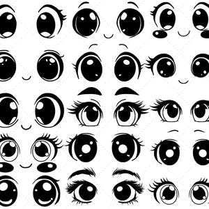 Puede incluir: Un conjunto de 20 ojos de dibujos animados en blanco y negro con diferentes expresiones, incluyendo cerrados, abiertos, sorprendidos y gui&ntilde;ando un ojo. Estos ojos son perfectos para agregar personalidad a las manualidades, dibujos y otros proyectos creativos.