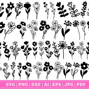 Pacchetto Svg Wildflower, Svg Flower Meadow, Svg Flower Border, Bouquet di fiori minimalista, Clipart Wildflower, Svg Flower Sketch