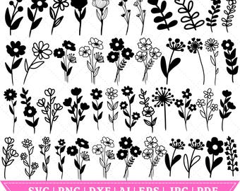 Paquete de flores silvestres SVG, prado de flores SVG, borde de flores SVG, ramo de flores minimalista, clipart de flores silvestres, boceto de flores SVG